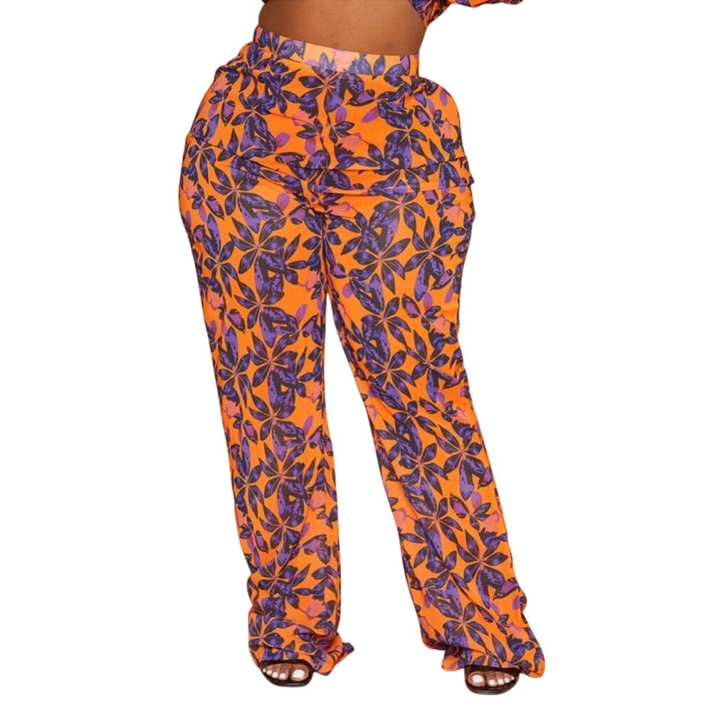 PrettyLittleThing Tropical Resort Cover Up Pants NWT US 14 Orange Flora